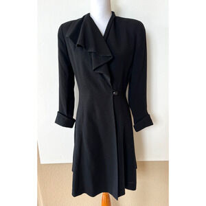 Vintage 90s Career Black Coat Dress Sz 4 Ruffle Front Single Button Rayon Blend